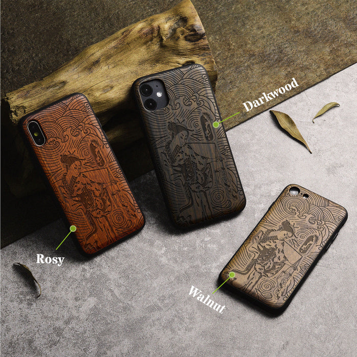 Geisha and the Curling Waves, Classic Engraved Wood & TPU Case - Artisanal Cover for Apple iPhone