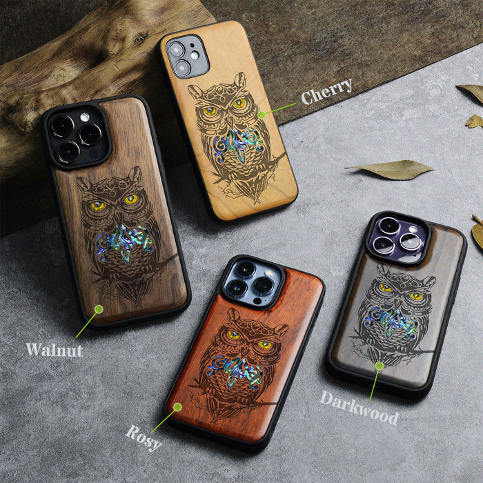 An Owl Perched on a Branch, Hand-Inlaid Wood & Mother of Pearl Case - Artisanal Cover for Apple iPhone