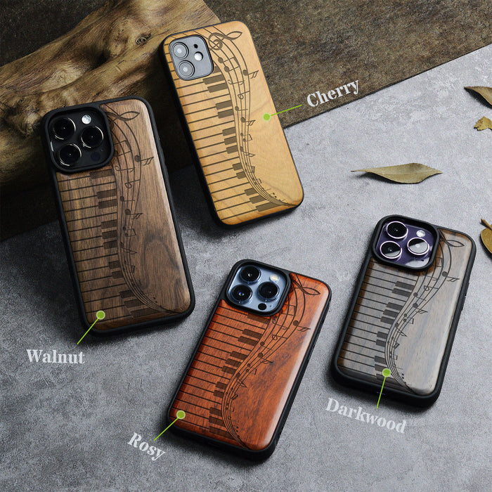 Melodic Waves, Classic Engraved Wood & TPU Case - Artisanal Cover for Apple iPhone