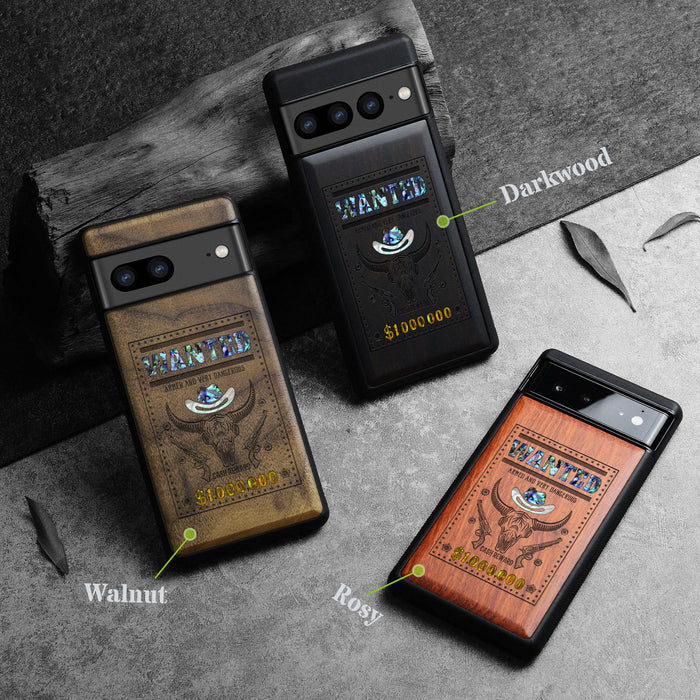 Western Wanted Poster, Hand-Inlaid Wood & Mother of Pearl Case - Artisanal Cover for Google Pixel