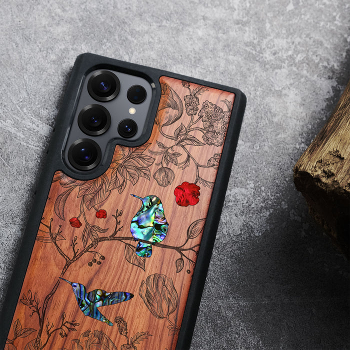 Floral Harmony in Flight , Hand-Inlaid Wood & Mother of Pearl Case - Artisanal Cover for Samsung Galaxy