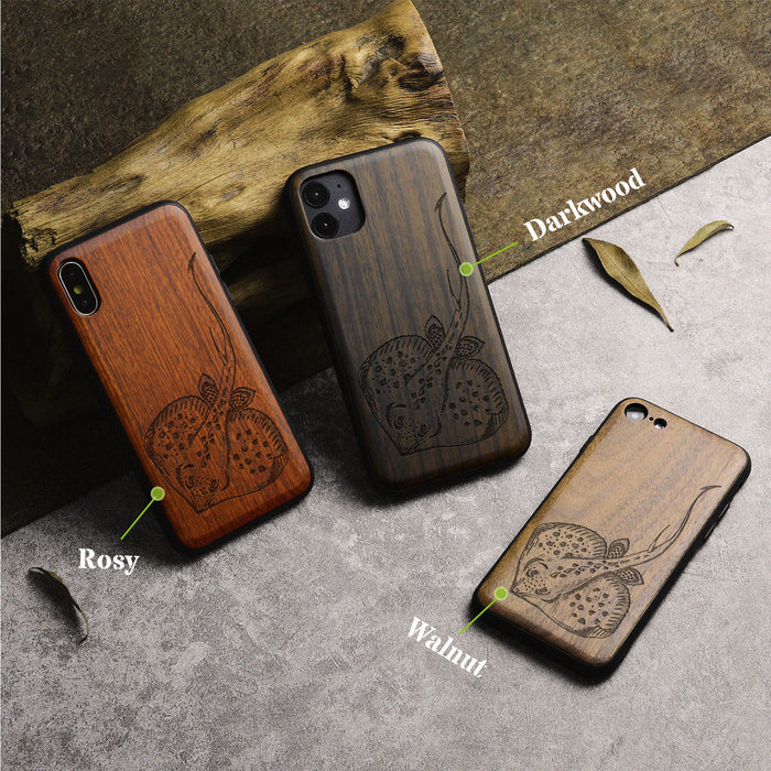 Stingray in Scratch Board Artistry, Classic Engraved Wood & TPU Case - Artisanal Cover for Apple iPhone