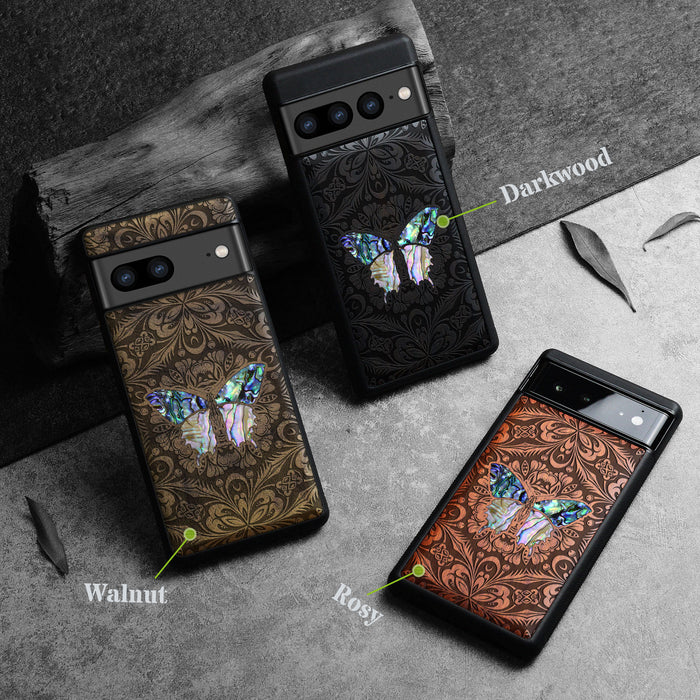 Baroque Butterfly, Hand-Inlaid Wood & Mother of Pearl Case - Artisanal Cover for Google Pixel