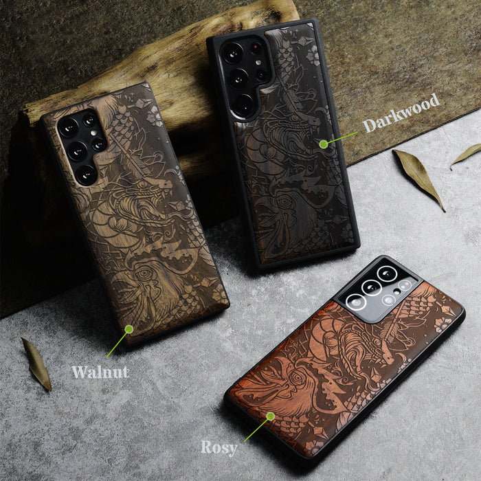 Fierce Mythical Clas, Classic Engraved Wood & TPU Case - Artisanal Cover for Samsung Galaxy