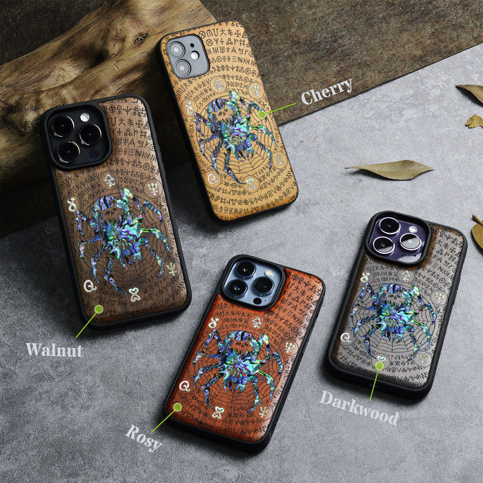 Shadows of the Web, Hand-Inlaid Wood & Mother of Pearl Case - Artisanal Cover for Apple iPhone