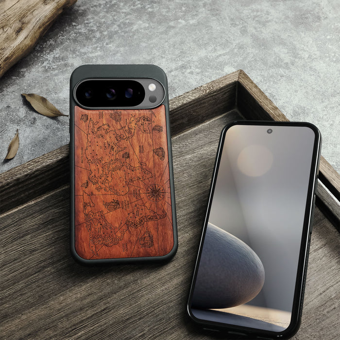 Physical World Map with Antique Travel Ship, Classic Engraved Wood & TPU Case - Artisanal Cover for Google Pixel
