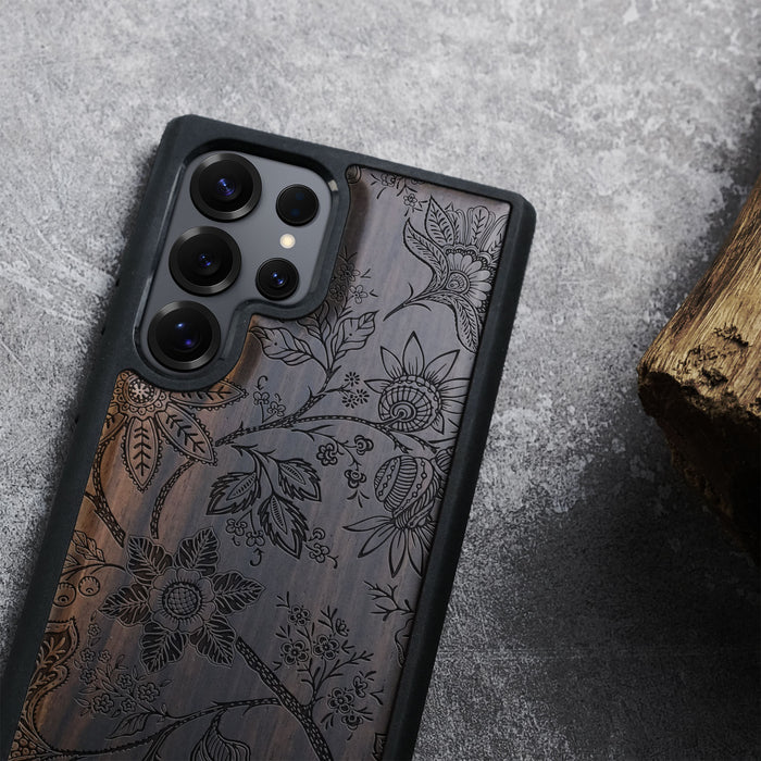 Vintage Fantasy Flowers Classic Engraved Wood & TPU Case Samsung Galaxy Artisanal Case View