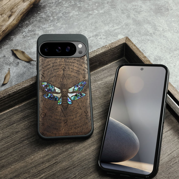 The Death Moth and Octagonal Star Hand-Inlaid Wood & Mother of Pearl Case Google Pixel Artisanal Case View