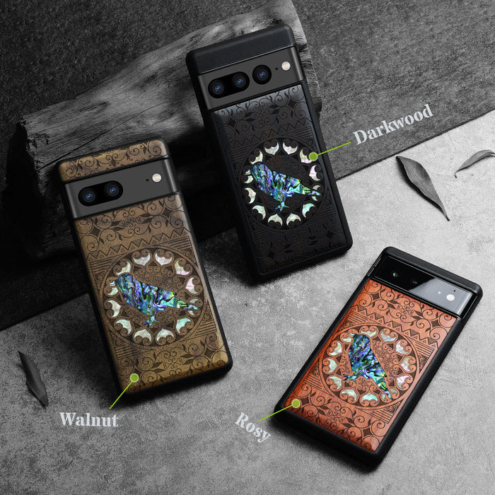 The Zentangle Crow, Hand-Inlaid Wood & Mother of Pearl Case - Artisanal Cover for Google Pixel