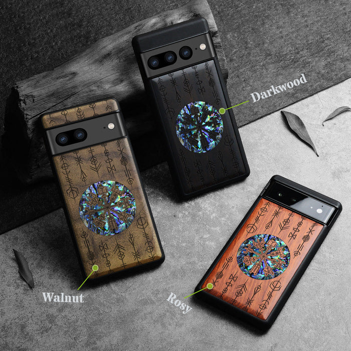 Echoes of Viking Lore, Hand-Inlaid Wood & Mother of Pearl Case - Artisanal Cover for Google Pixel