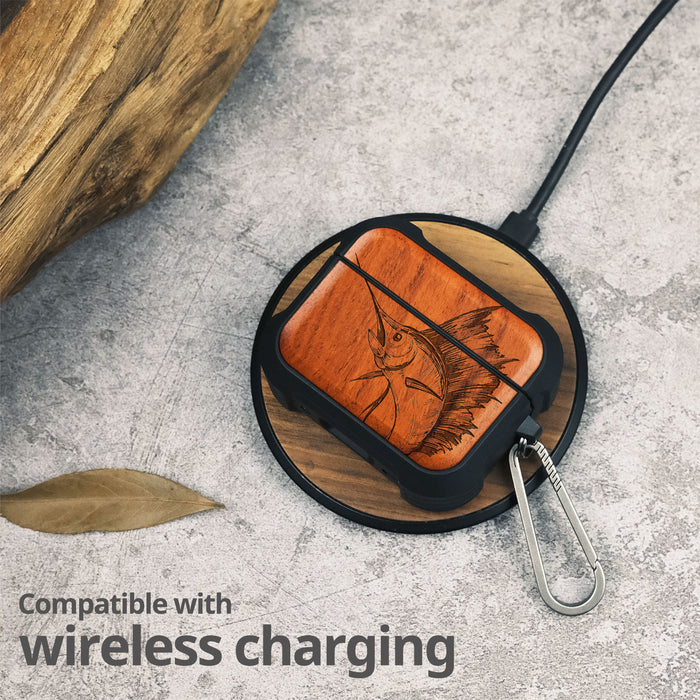 The Soaring Marlin - Wood Artisan Engraved & Shell Hand-Inlaid Cover - Artisanal Case for Apple AirPods (Titanium Quick Released Clasp)