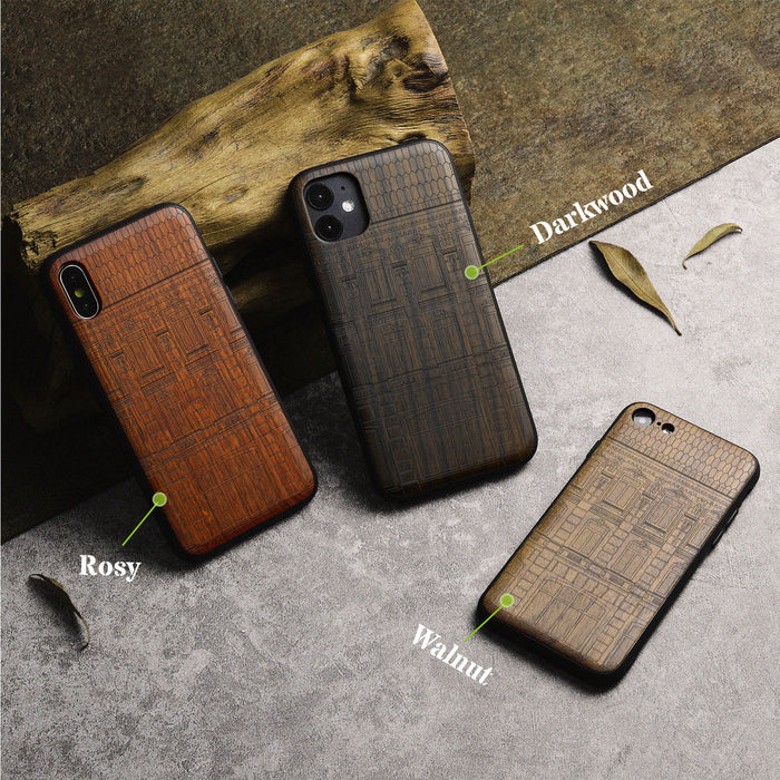 A Three-Storey Architectural Linework Art, Classic Engraved Wood & TPU Case - Artisanal Cover for Apple iPhone