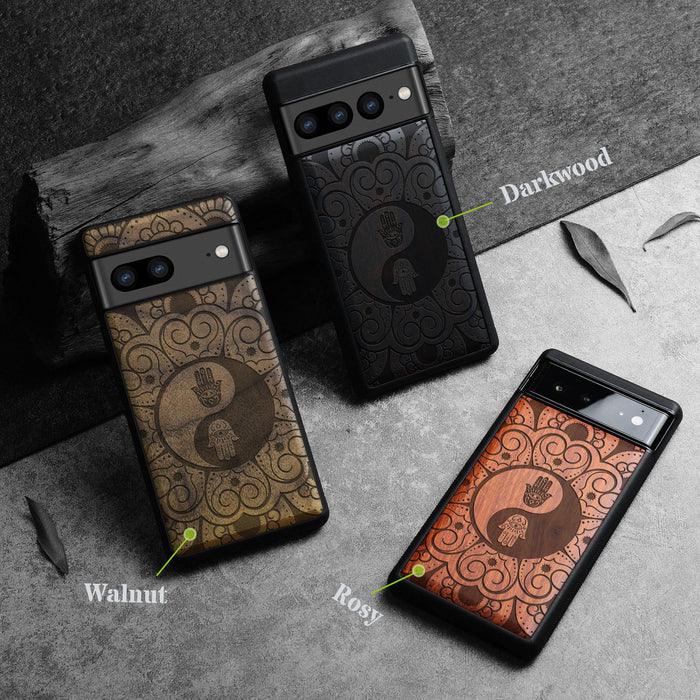 The Hamsa Yin-Yang Mandala, Classic Engraved Wood & TPU Case - Artisanal Cover for Google Pixel