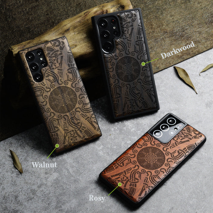 Viking Shield, Classic Engraved Wood & TPU Case - Artisanal Cover for Samsung Galaxy