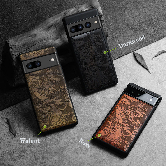 Fierce Mythical Clas, Classic Engraved Wood & TPU Case - Artisanal Cover for Google Pixel