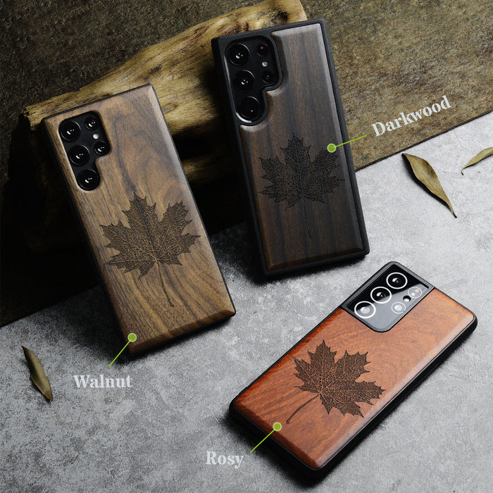 Intricate Maple Leaf Sketch, Classic Engraved Wood & TPU Case - Artisanal Cover for Samsung Galaxy