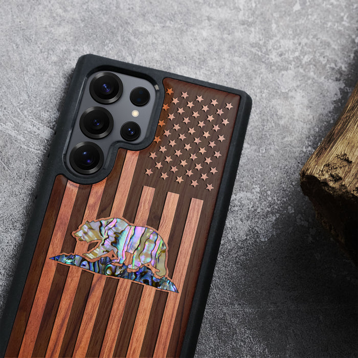 The Grizzly of the Golden State, Hand-Inlaid Wood & Mother of Pearl Case - Artisanal Cover for Samsung Galaxy