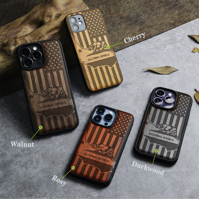 California's Emblematic Tribute, Classic Engraved Wood & TPU Case - Artisanal Cover for Apple iPhone