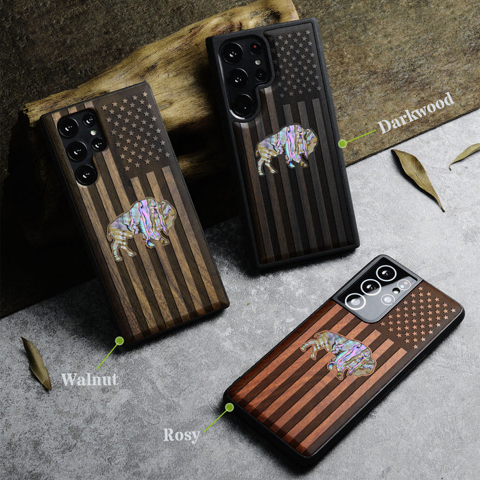 American Flag, Bison, Hand-Inlaid Wood & Mother of Pearl Case - Artisanal Cover for Samsung Galaxy