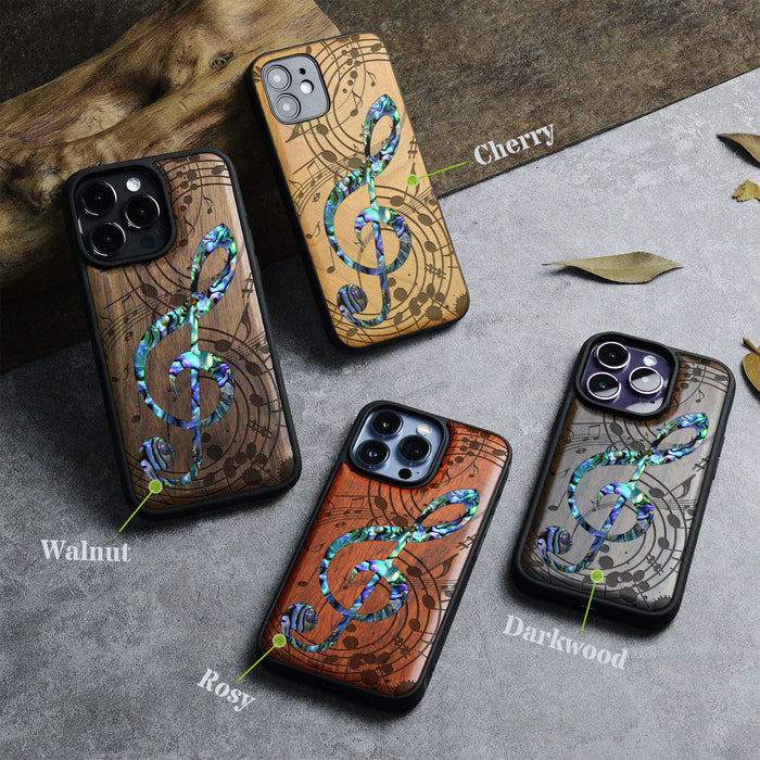 The Grand Clef and Musical Notes, Hand-Inlaid Wood & Mother of Pearl Case - Artisanal Cover for Apple iPhone