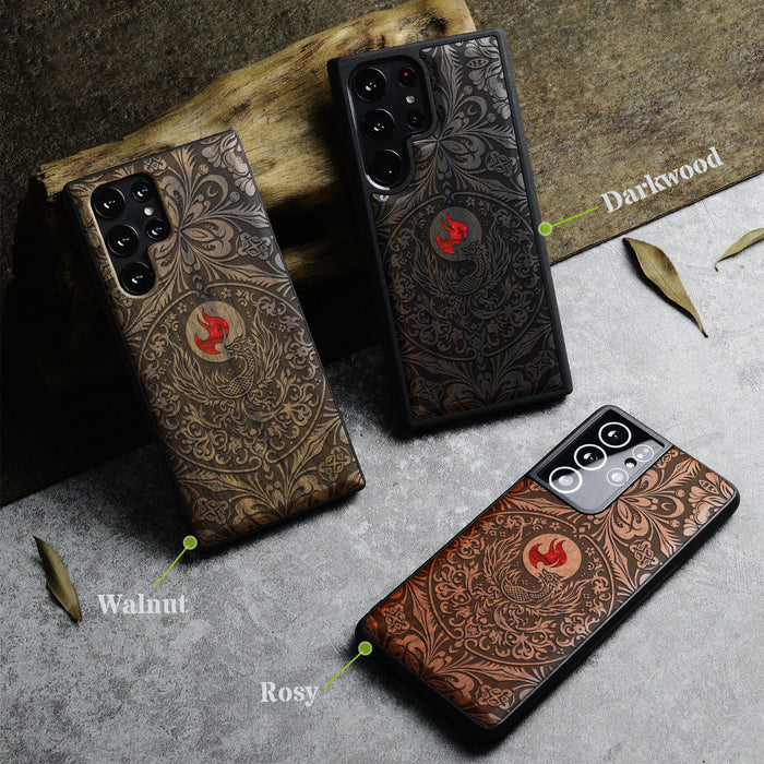 Phoenix in Symmetry, Hand-Inlaid Wood & Mother of Pearl Case - Artisanal Cover for Samsung Galaxy