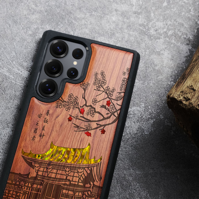 The Ancient Temple Amidst Cherry Blossoms, Hand-Inlaid Wood & Mother of Pearl Case - Artisanal Cover for Samsung Galaxy