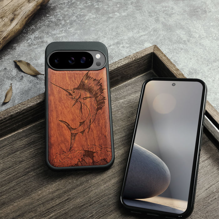 The Soaring Marlin, Classic Engraved Wood & TPU Case - Artisanal Cover for Google Pixel