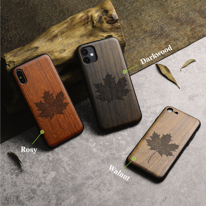 Intricate Maple Leaf Sketch, Classic Engraved Wood & TPU Case - Artisanal Cover for Apple iPhone