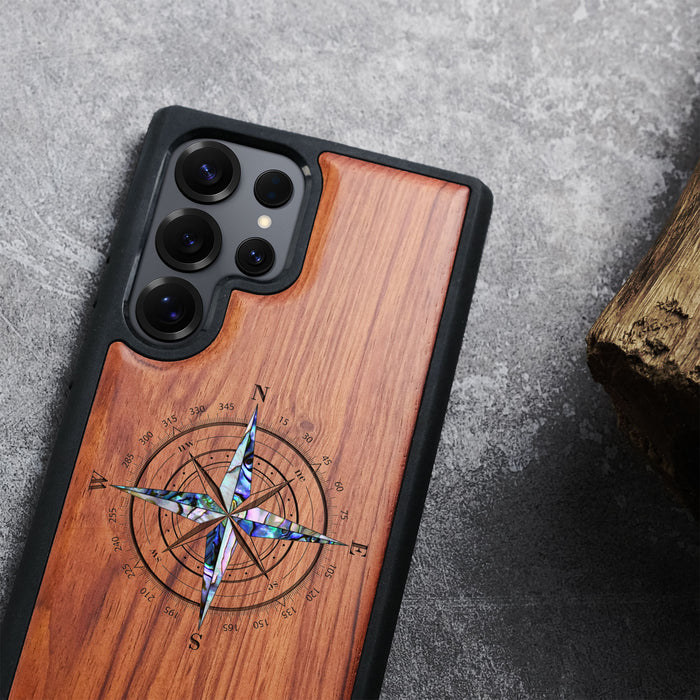The Detailed Compass Rose, Hand-Inlaid Wood & Mother of Pearl Case - Artisanal Cover for Samsung Galaxy