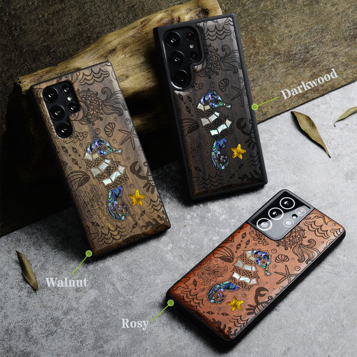 An Aquatic Symphony, Hand-Inlaid Wood & Mother of Pearl Case - Artisanal Cover for Samsung Galaxy