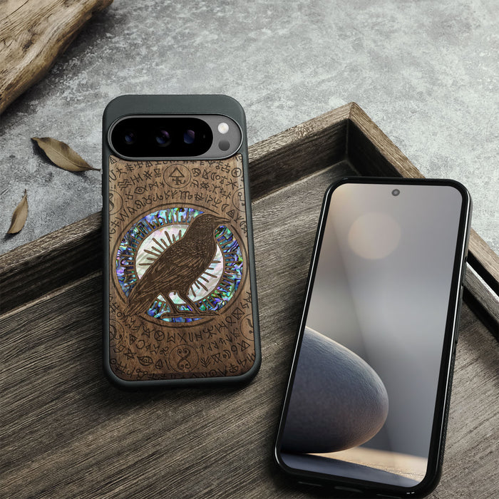 The Haloed Crow, Hand-Inlaid Wood & Mother of Pearl Case - Artisanal Cover for Google Pixel