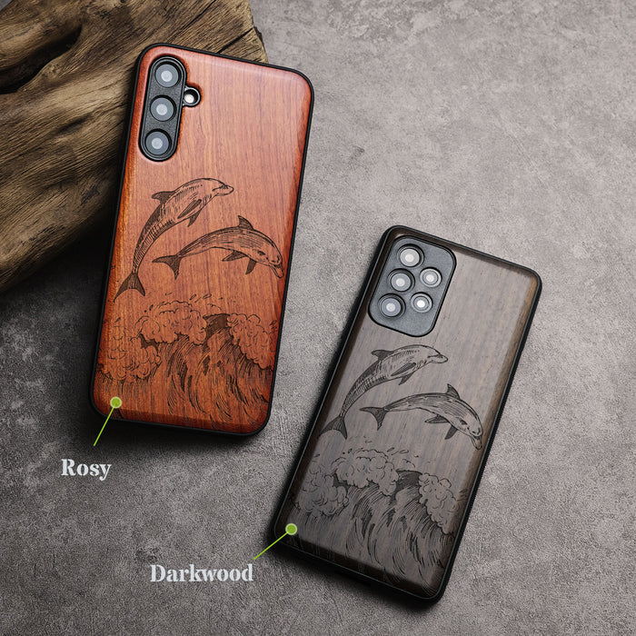 Dual Dolphins in the Waves, Classic Engraved Wood & TPU Case - Artisanal Cover for Samsung Galaxy