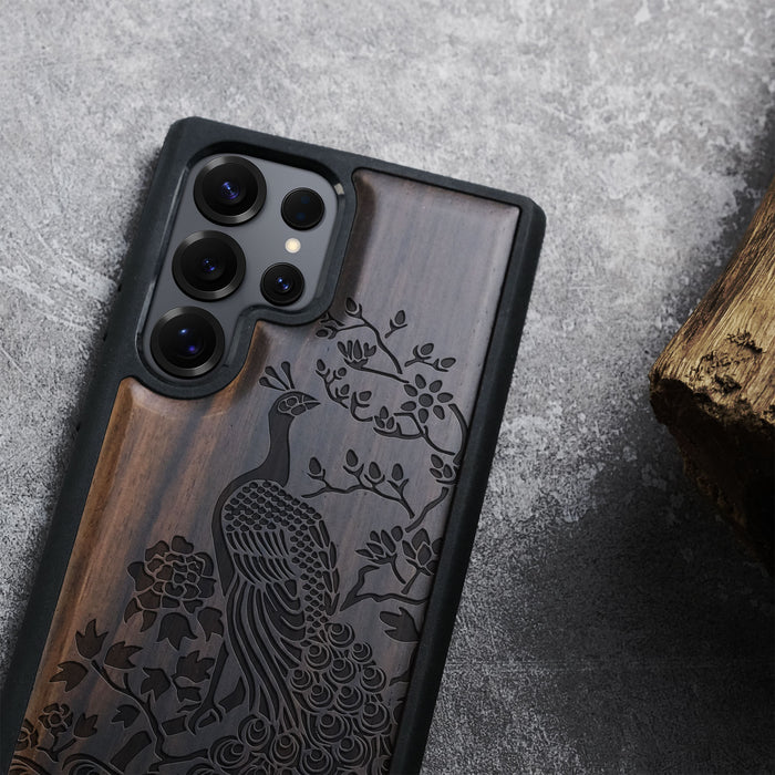 The Majestic Asian Peacock, Classic Engraved Wood & TPU Case - Artisanal Cover for Samsung Galaxy