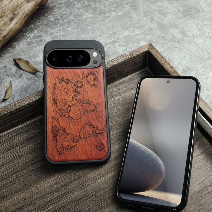 Abstract Expressionist World Map Linework, Classic Engraved Wood & TPU Case - Artisanal Cover for Google Pixel
