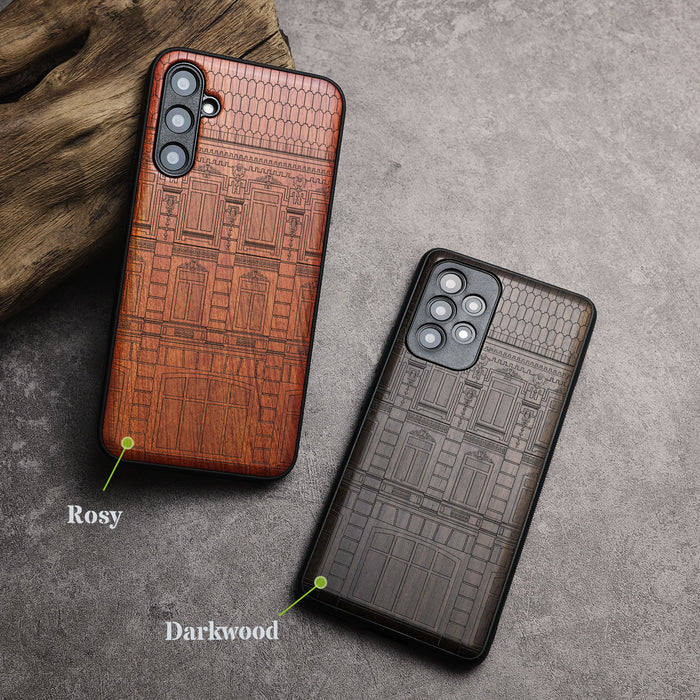 A Three-Storey Architectural Linework Art, Classic Engraved Wood & TPU Case - Artisanal Cover for Samsung Galaxy