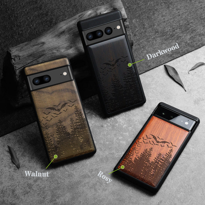 Bats Over the Forest, Classic Engraved Wood & TPU Case - Artisanal Cover for Google Pixel