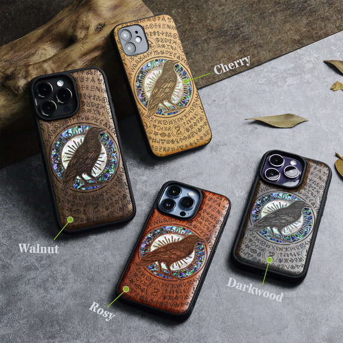 The Haloed Crow, Hand-Inlaid Wood & Mother of Pearl Case - Artisanal Cover for Apple iPhone