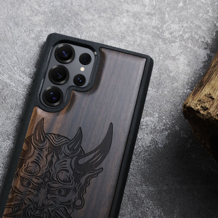The Art of the Japanese Oni Mask, Classic Engraved Wood & TPU Case - Artisanal Cover for Samsung Galaxy