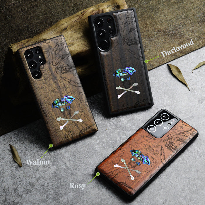 The Pirate's Legacy, Hand-Inlaid Wood & Mother of Pearl Case - Artisanal Cover for Samsung Galaxy