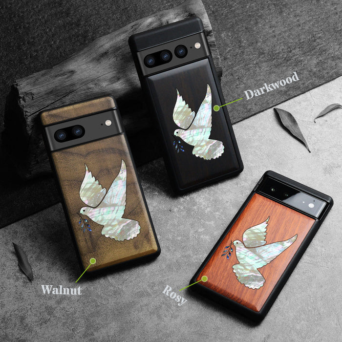 The Dove with Olive Branch, Hand-Inlaid Wood & Mother of Pearl Case - Artisanal Cover for Google Pixel