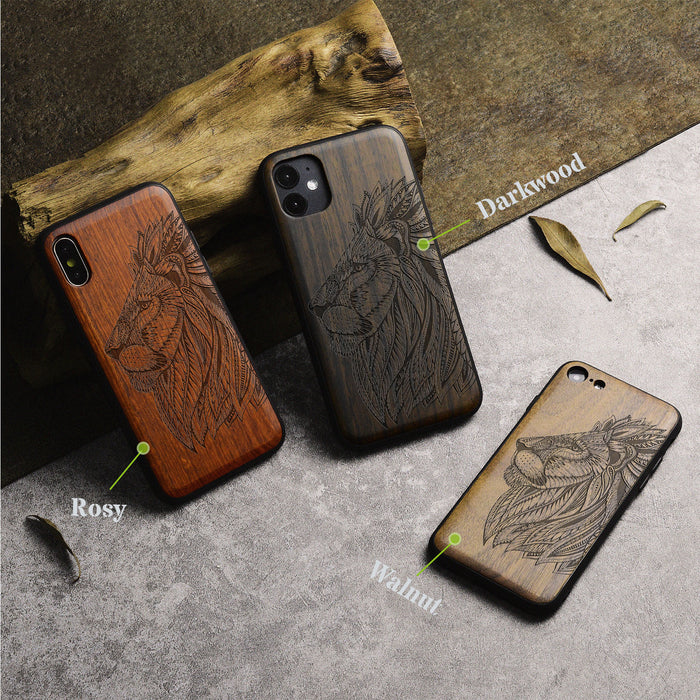 The Ornate Lion's Head, Classic Engraved Wood & TPU Case - Artisanal Cover for Apple iPhone