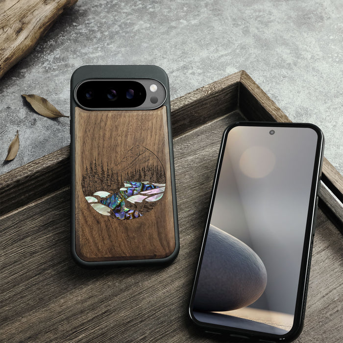 The Lake and Mountain Landscape, Hand-Inlaid Wood & Mother of Pearl Case - Artisanal Cover for Google Pixel