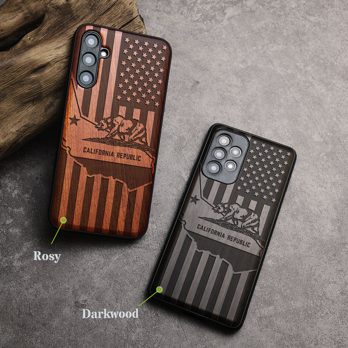 California's Emblematic Tribute, Classic Engraved Wood & TPU Case - Artisanal Cover for Samsung Galaxy