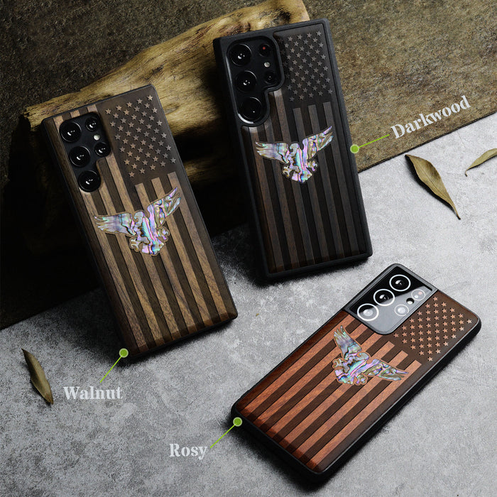 Bald Eagle and Flag, Hand-Inlaid Wood & Mother of Pearl Case - Artisanal Cover for Samsung Galaxy