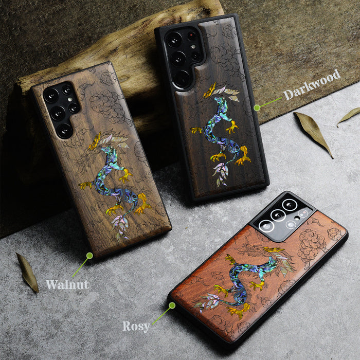 The Dragon's Ascen, Hand-Inlaid Wood & Mother of Pearl Case - Artisanal Cover for Samsung Galaxy