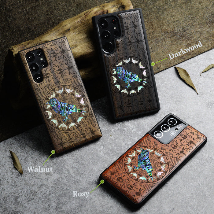 The Zentangle Crow, Hand-Inlaid Wood & Mother of Pearl Case - Artisanal Cover for Samsung Galaxy