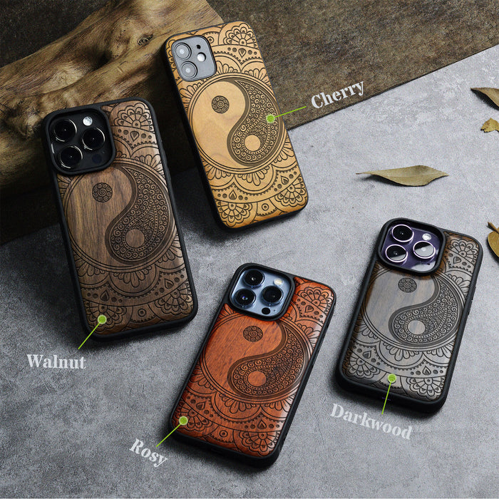 The Yin-Yang Mandala, Classic Engraved Wood & TPU Case - Artisanal Cover for Apple iPhone