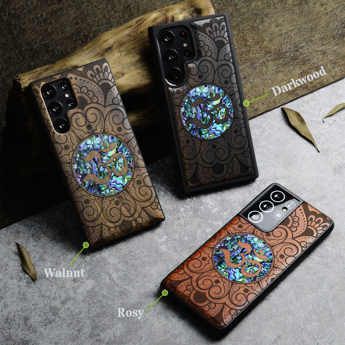 Eternal Om Mandala, Hand-Inlaid Wood & Mother of Pearl Case - Artisanal Cover for Samsung Galaxy