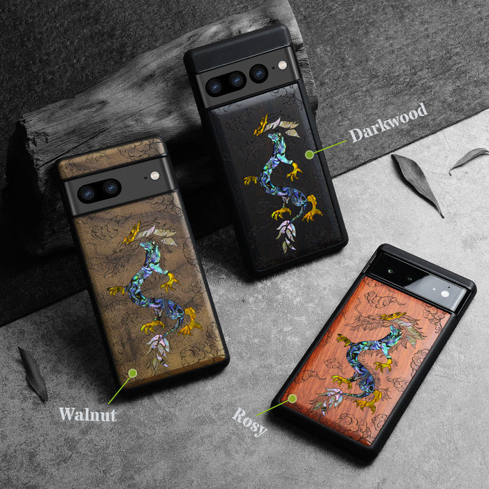 The Dragon's Ascen, Hand-Inlaid Wood & Mother of Pearl Case - Artisanal Cover for Google Pixel