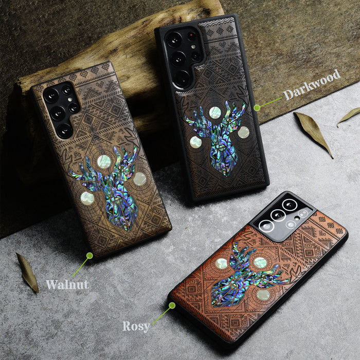 Aztec Geometric Deer, Hand-Inlaid Wood & Mother of Pearl Case - Artisanal Cover for Samsung Galaxy